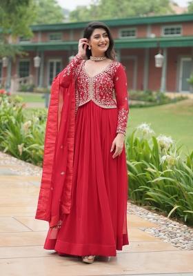 Red Embroidered Georgette Anarkali With Dupatta