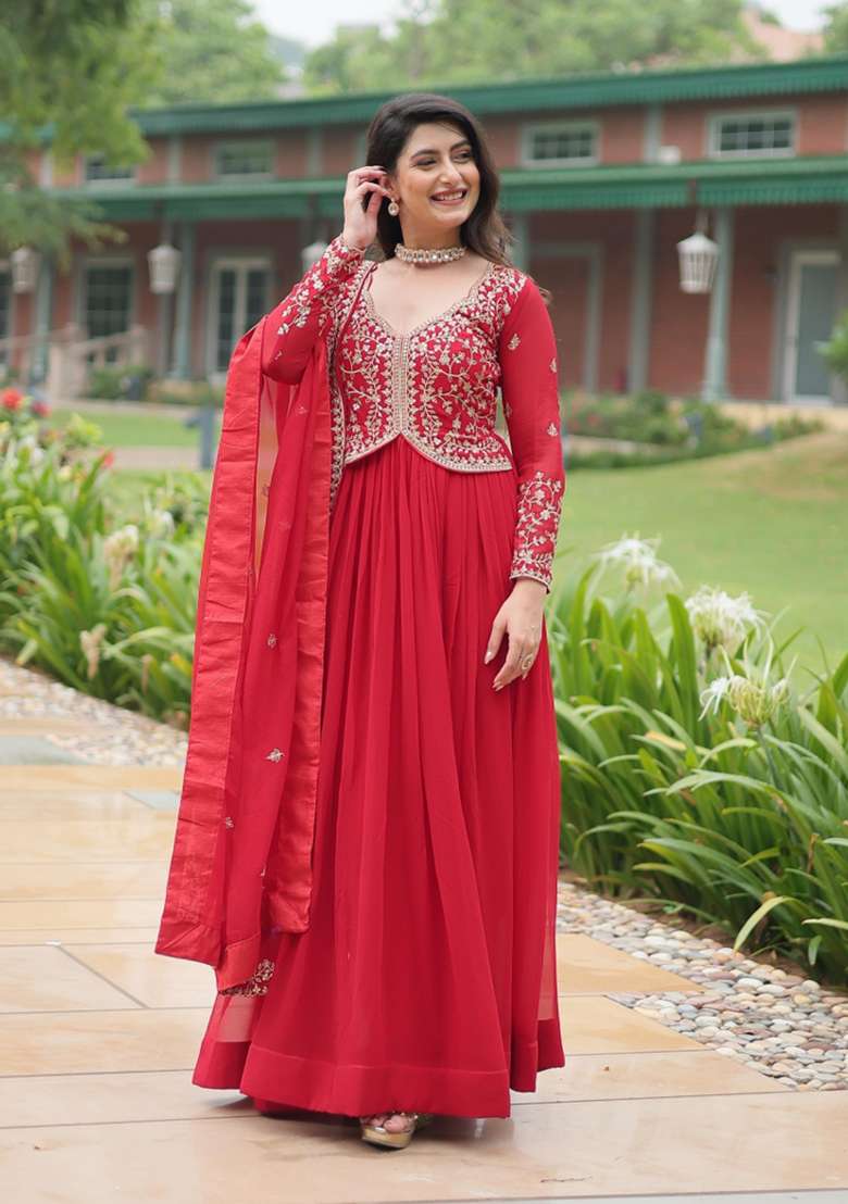 Red Embroidered Georgette Anarkali With Dupatta - Indya