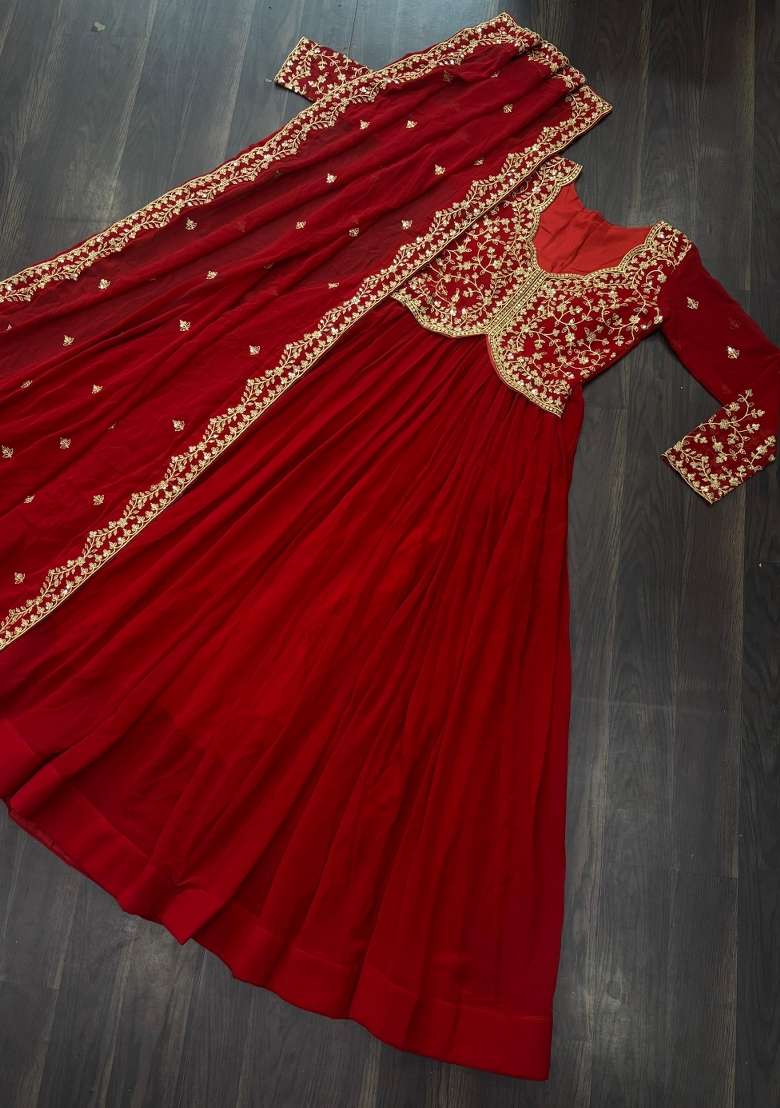 Red Embroidered Georgette Anarkali With Dupatta - Indya