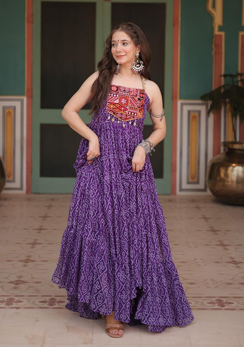 Purple Bandhani Print Georgette Navratri Kurta - Indya