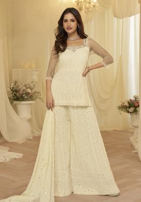 Off White Embroidered Georgette Kurta Set