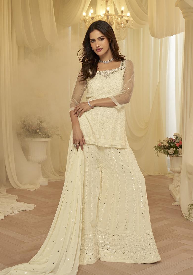 Off White Embroidered Georgette Kurta Set - Indya