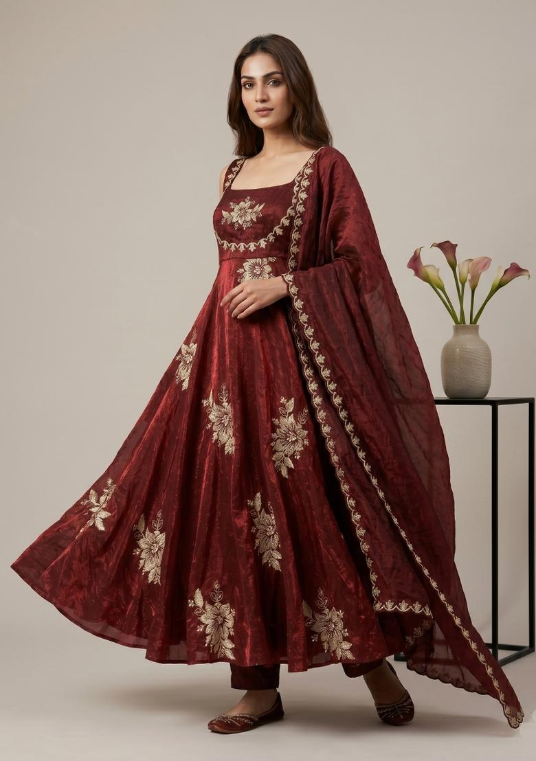 Maroon Embroidered Silk Blend Kurta Set - Indya