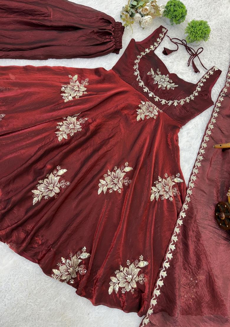 Maroon Embroidered Silk Blend Kurta Set - Indya