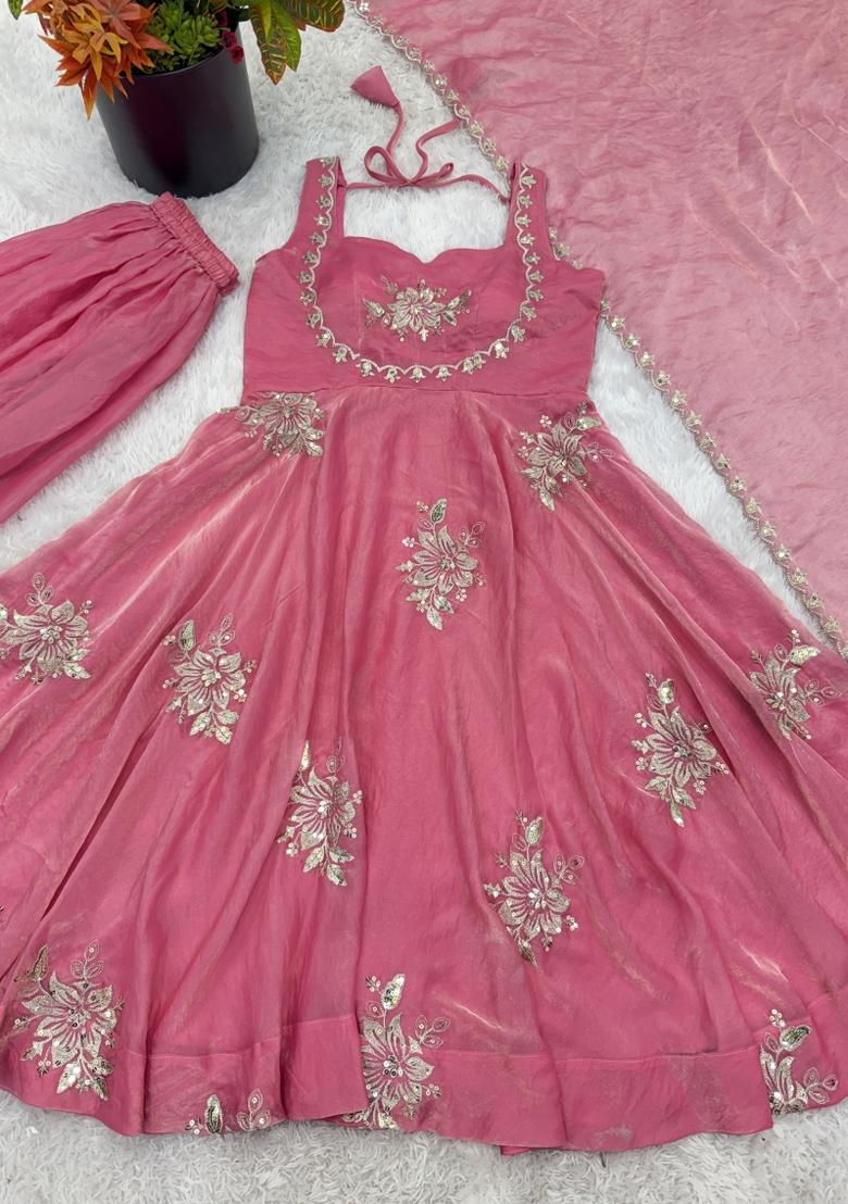 Pink Embroidered Silk Blend Kurta Set - Indya