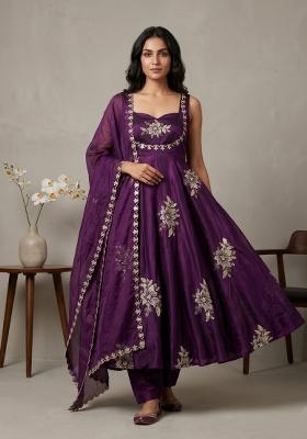 Purple Embroidered Silk Blend Kurta Set