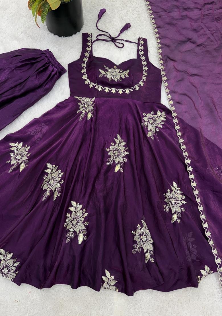 Purple Embroidered Silk Blend Kurta Set - Indya