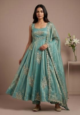 Sky Blue Embroidered Silk Blend Kurta Set