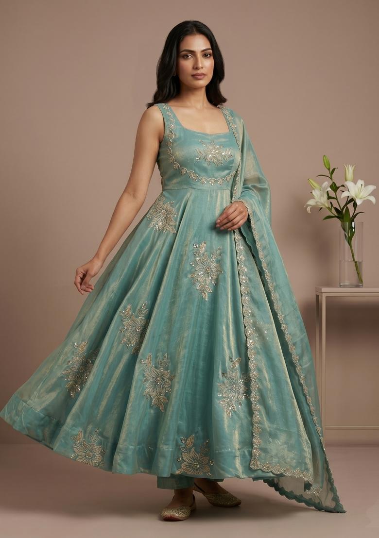 Sky Blue Embroidered Silk Blend Kurta Set - Indya