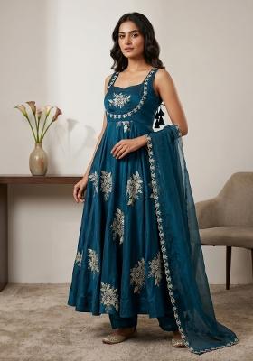 Teal Embroidered Silk Blend Kurta Set