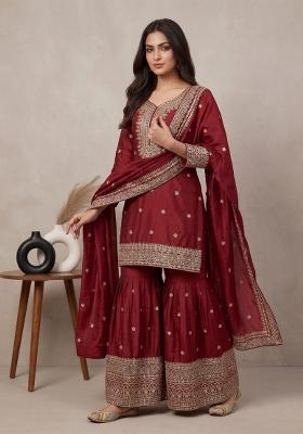 Maroon Embroidered Silk Blend Kurta Set