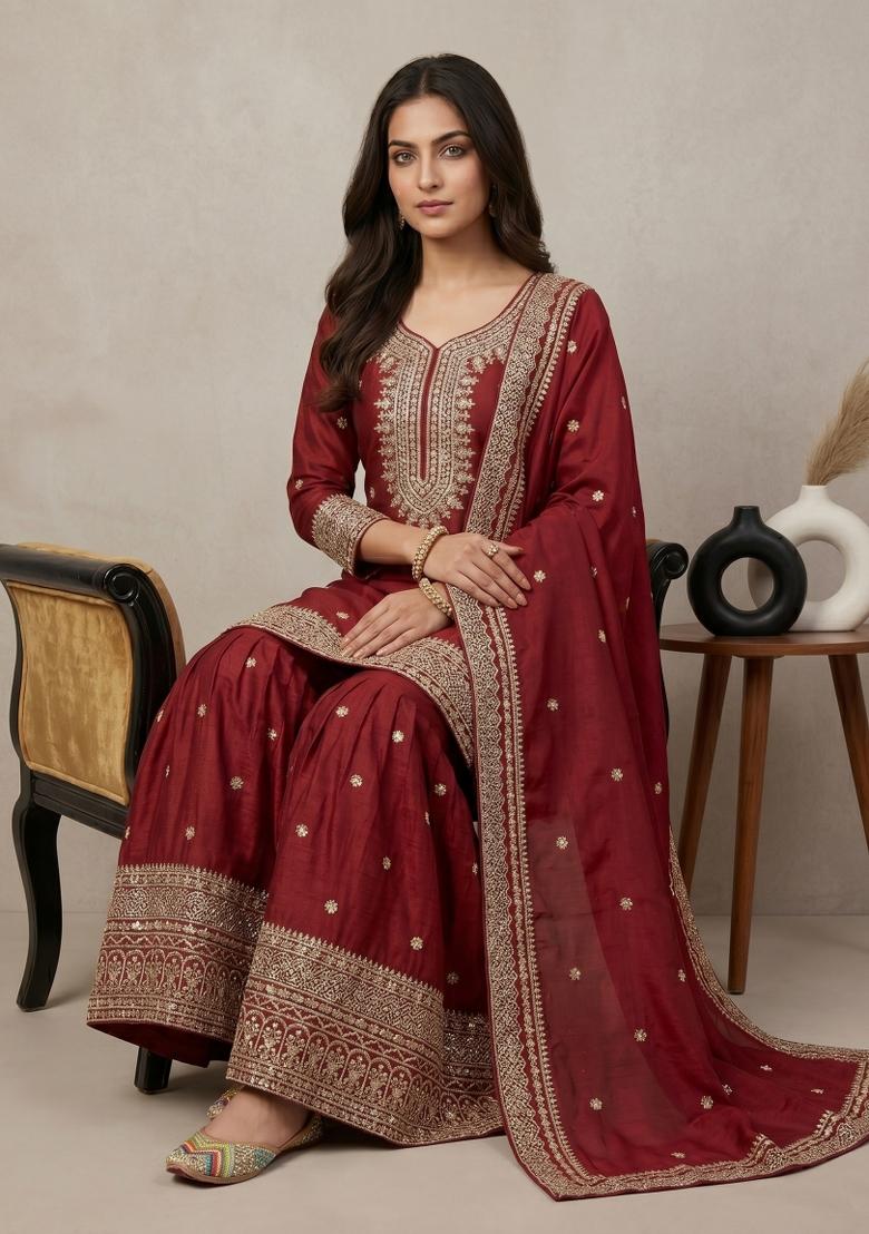 Maroon Embroidered Silk Blend Kurta Set - Indya
