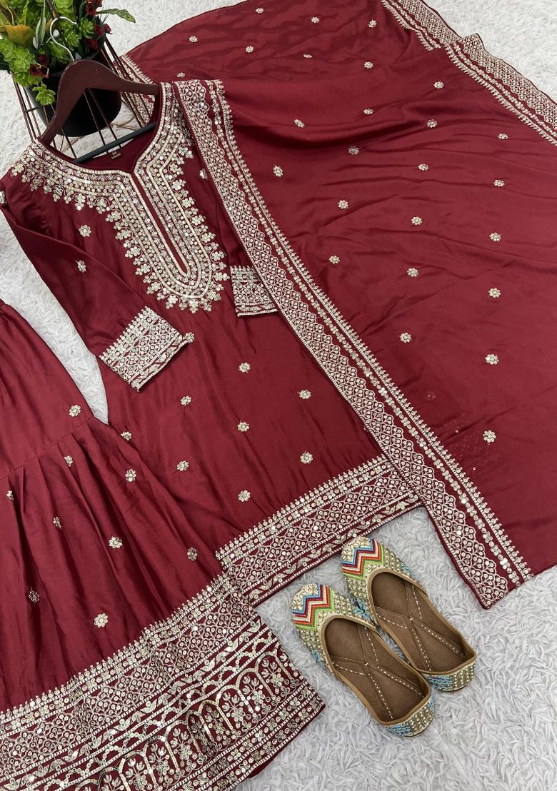 Maroon Embroidered Silk Blend Kurta Set - Indya