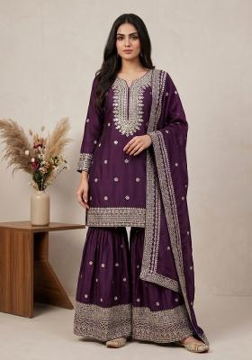 Purple Embroidered Silk Blend Kurta Set