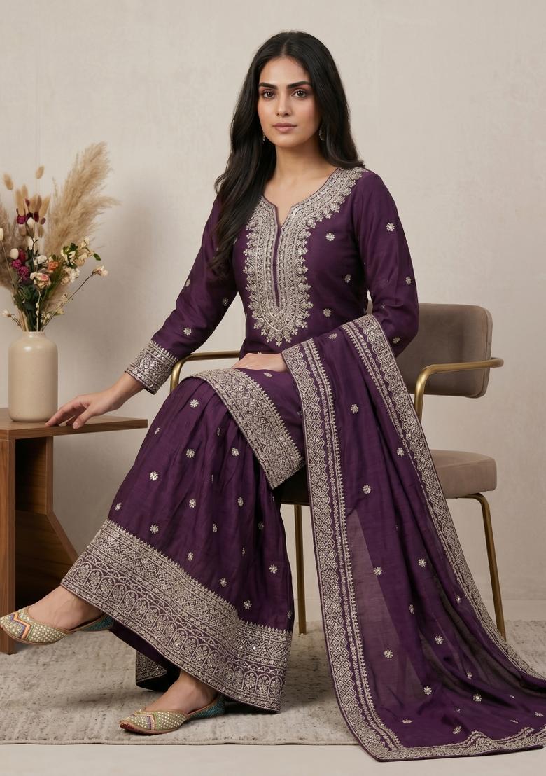 Purple Embroidered Silk Blend Kurta Set - Indya