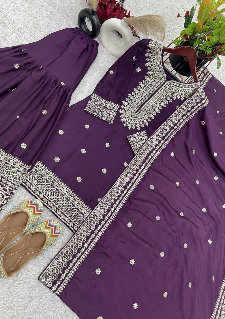 Purple Embroidered Silk Blend Kurta Set - Indya