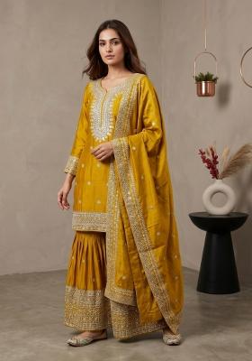 Yellow Embroidered Silk Blend Kurta Set