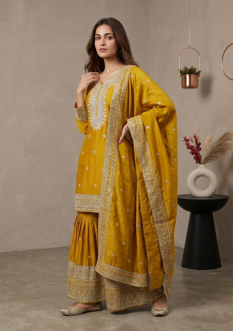 Yellow Embroidered Silk Blend Kurta Set - Indya
