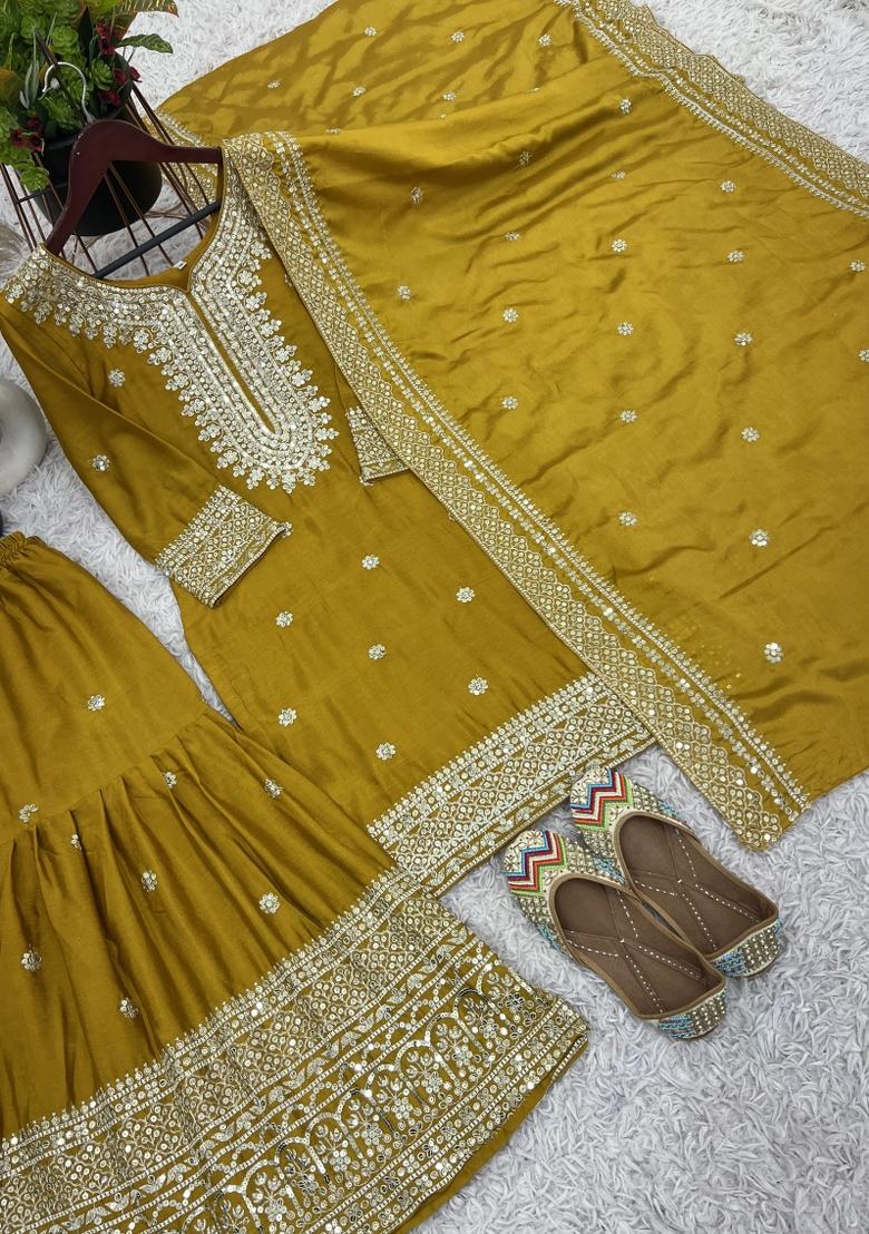 Yellow Embroidered Silk Blend Kurta Set - Indya