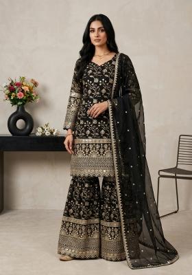Black Embroidered Silk Blend Kurta Set