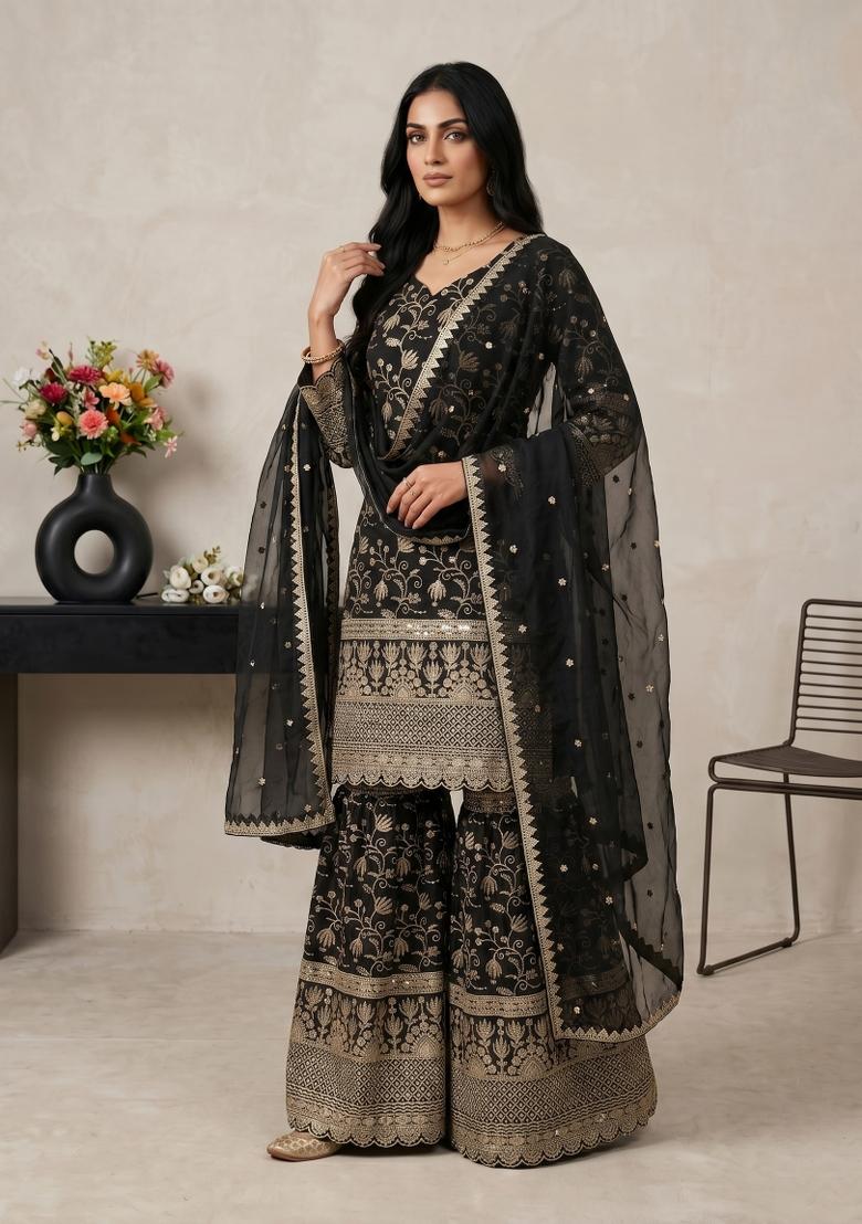 Black Embroidered Silk Blend Kurta Set - Indya