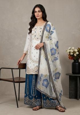 White Embroidered Silk Blend Kurta Set