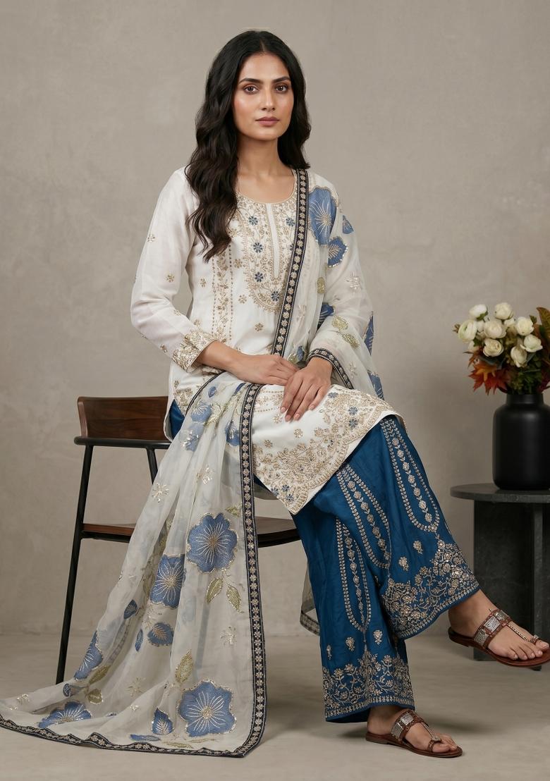 White Embroidered Silk Blend Kurta Set - Indya