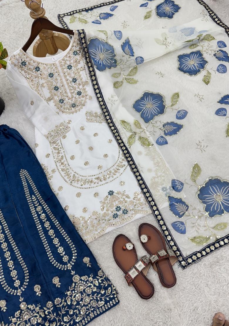White Embroidered Silk Blend Kurta Set - Indya