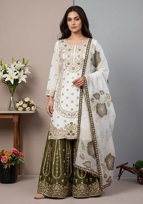 White Embroidered Silk Blend Kurta Set