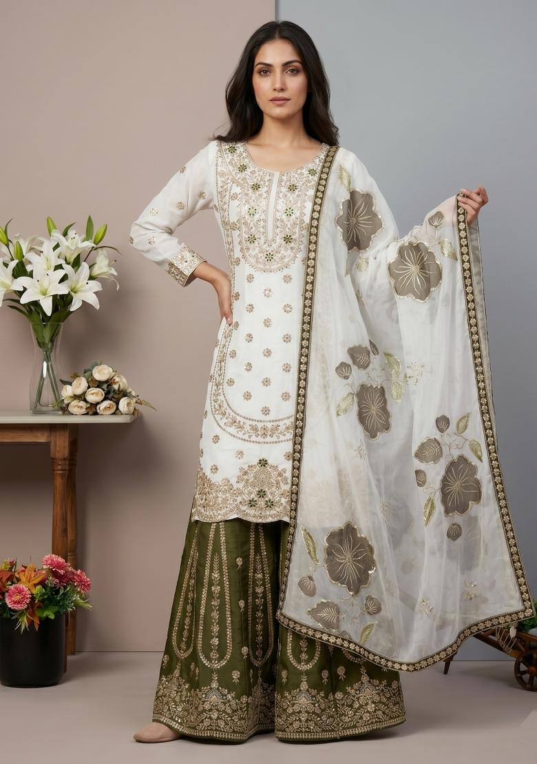 White Embroidered Silk Blend Kurta Set - Indya