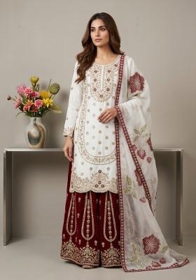 White Embroidered Silk Blend Kurta Set