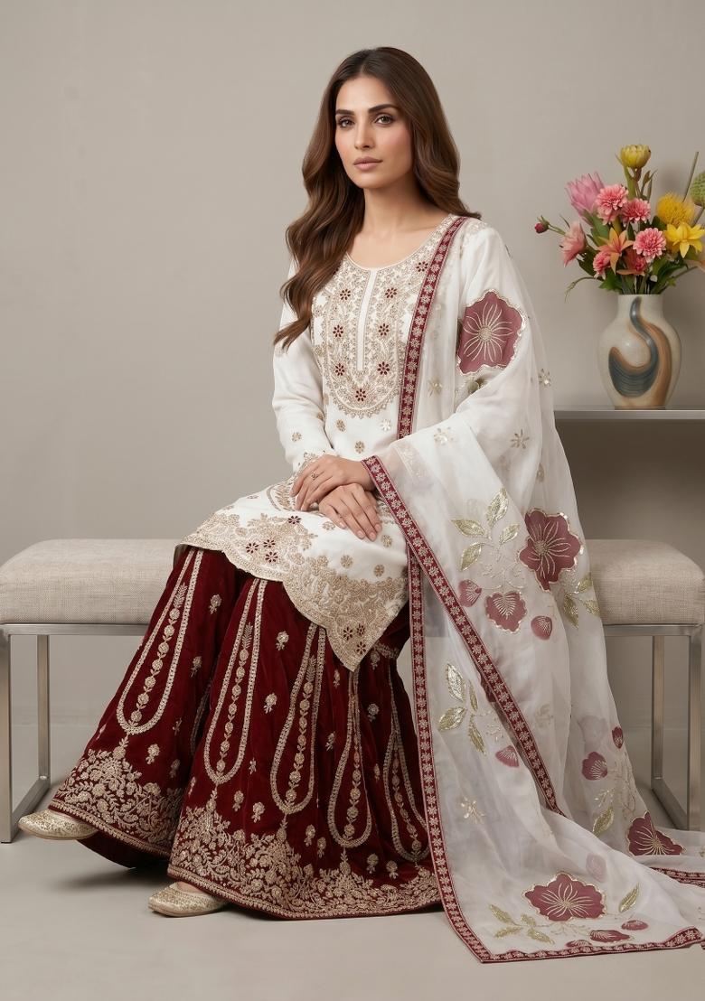 White Embroidered Silk Blend Kurta Set - Indya
