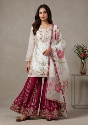 White Embroidered Silk Blend Kurta Set