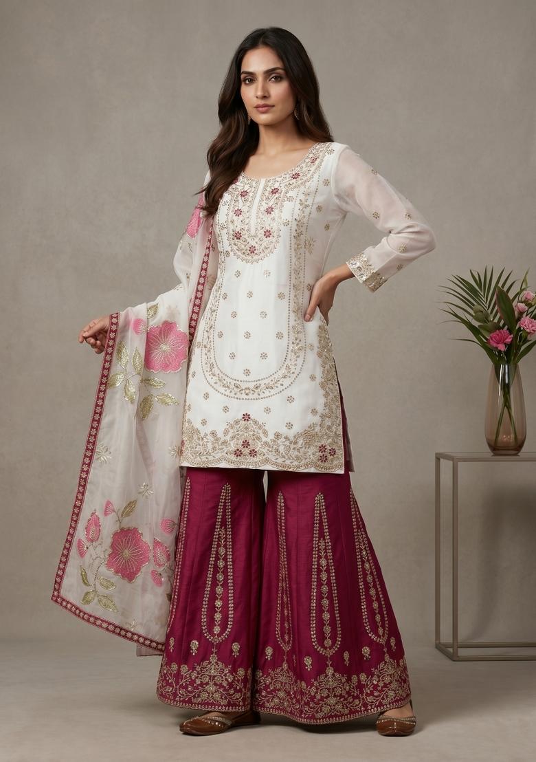 White Embroidered Silk Blend Kurta Set - Indya