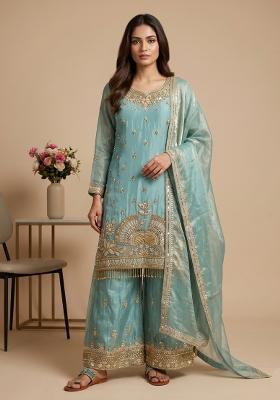 Sky Blue Embroidered Silk Blend Kurta Set