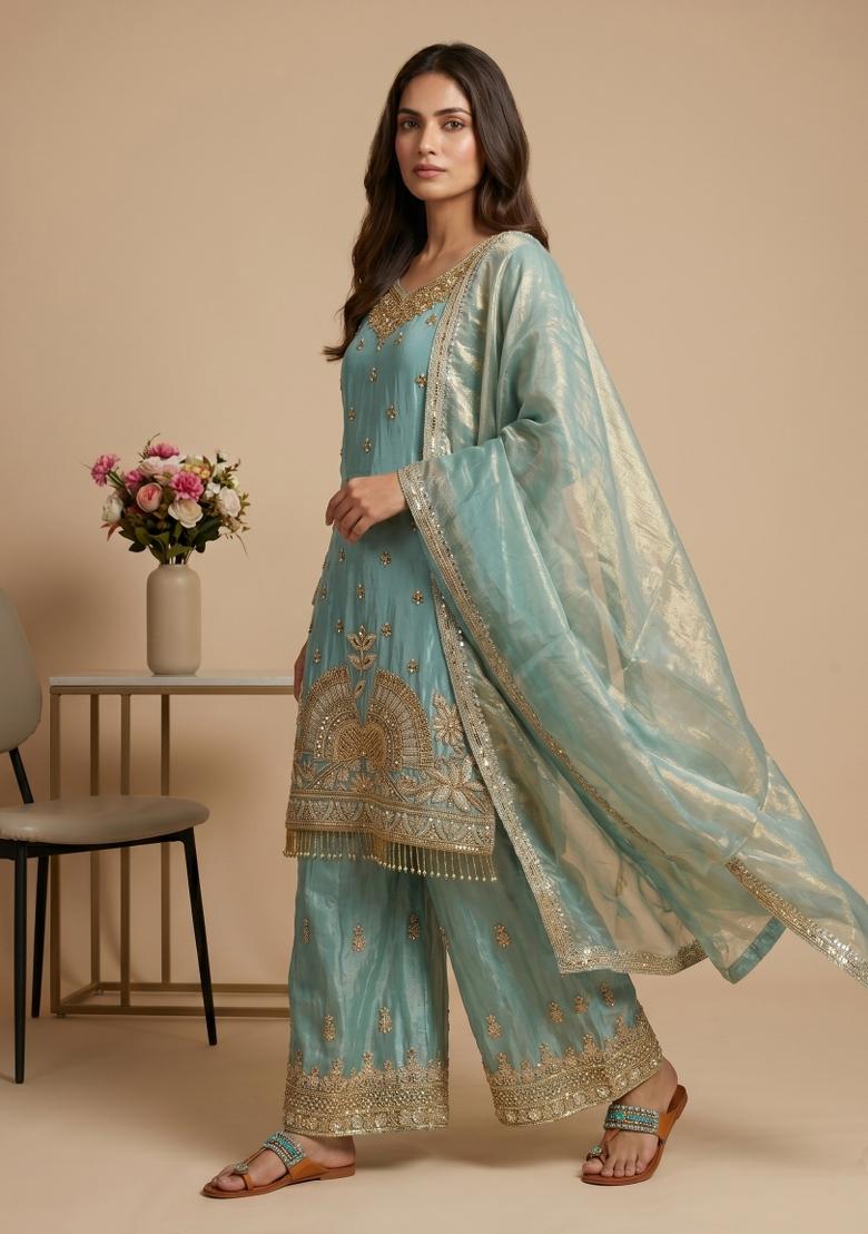 Sky Blue Embroidered Silk Blend Kurta Set - Indya