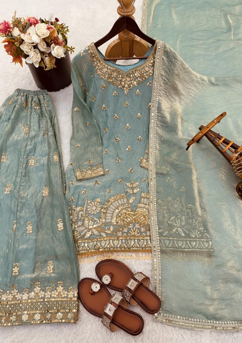 Sky Blue Embroidered Silk Blend Kurta Set - Indya