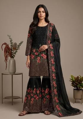Black Embroidered Silk Blend Kurta Set