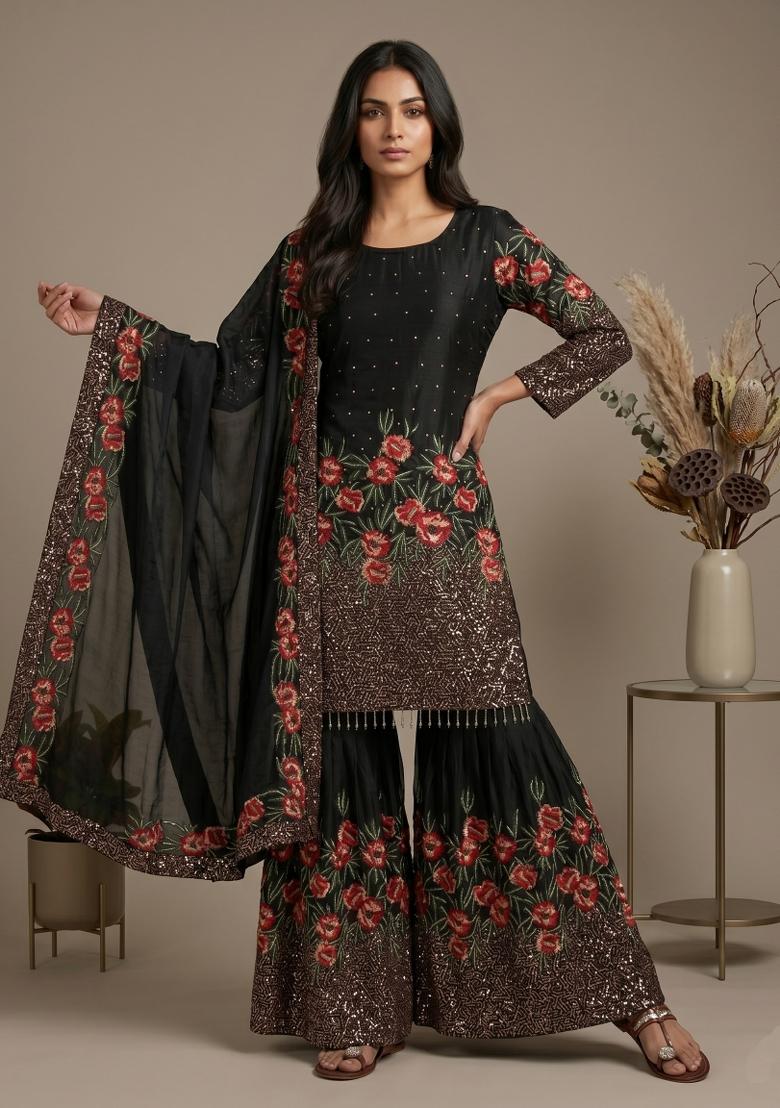 Black Embroidered Silk Blend Kurta Set - Indya