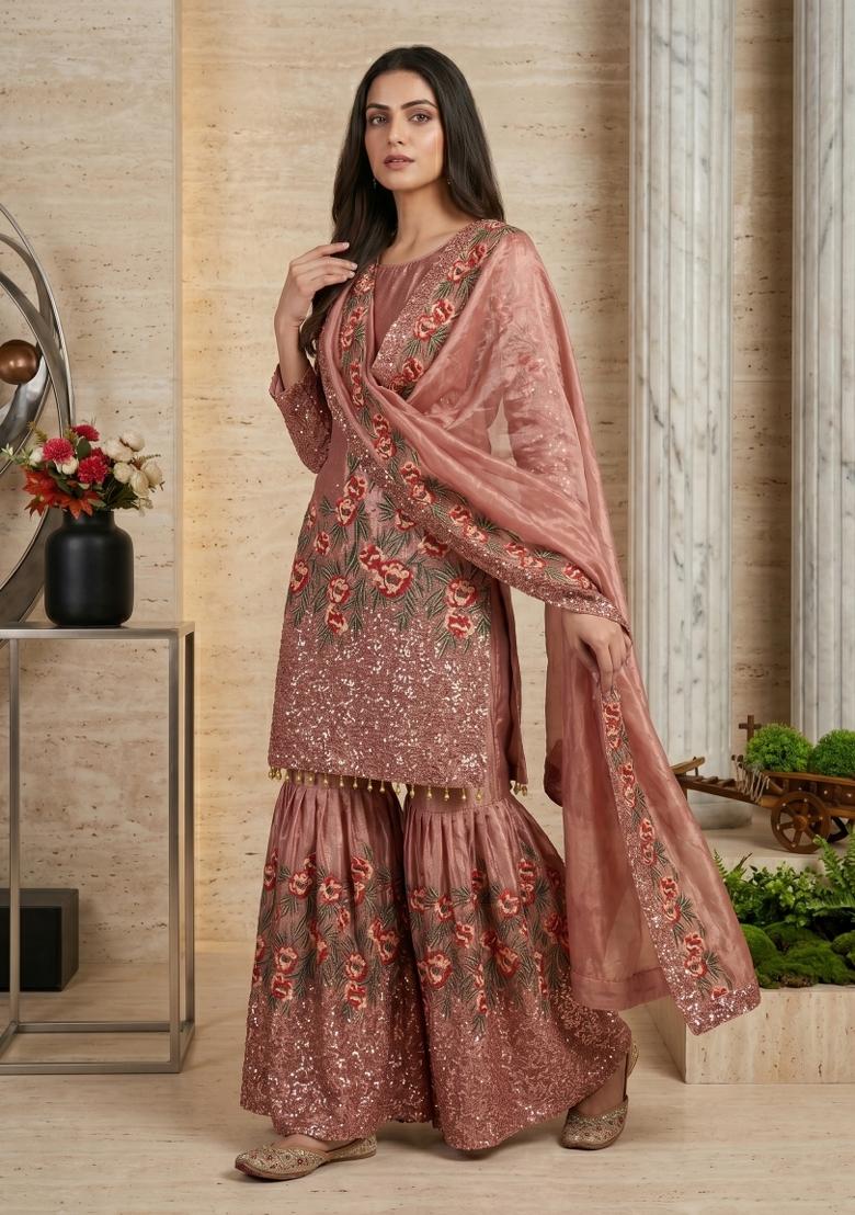 Pink Embroidered Silk Blend Kurta Set - Indya
