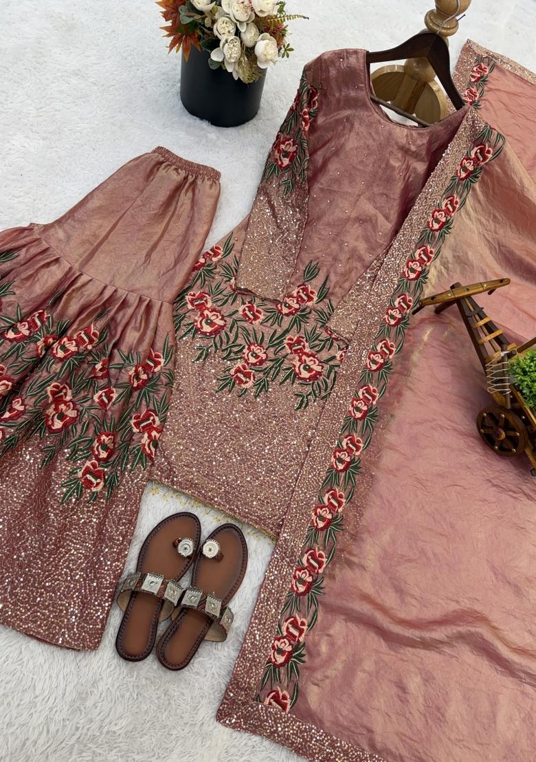 Pink Embroidered Silk Blend Kurta Set - Indya