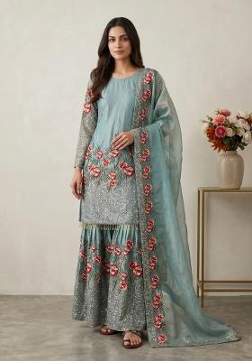 Sky Blue Embroidered Silk Blend Kurta Set