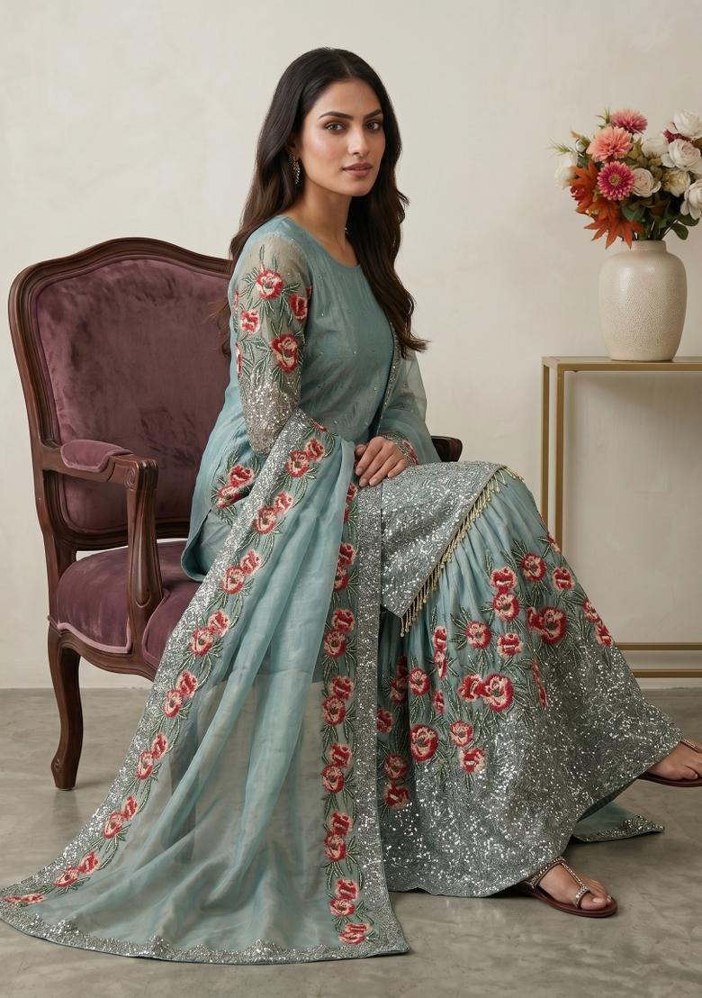 Sky Blue Embroidered Silk Blend Kurta Set - Indya