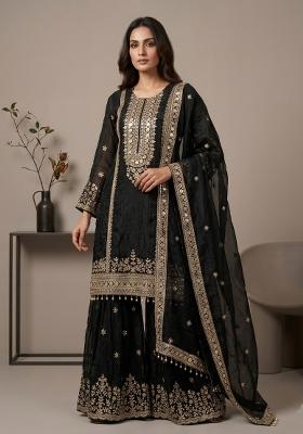 Black Embroidered Silk Blend Kurta Set