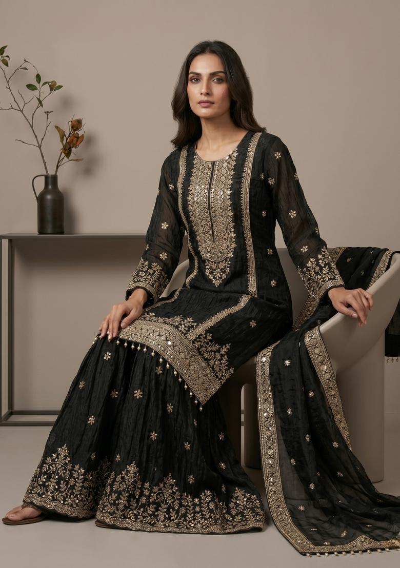 Black Embroidered Silk Blend Kurta Set - Indya