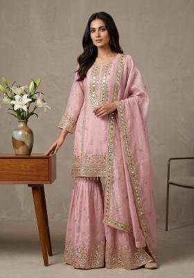 Light Pink Embroidered Silk Blend Kurta Set