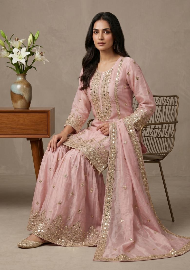 Light Pink Embroidered Silk Blend Kurta Set - Indya