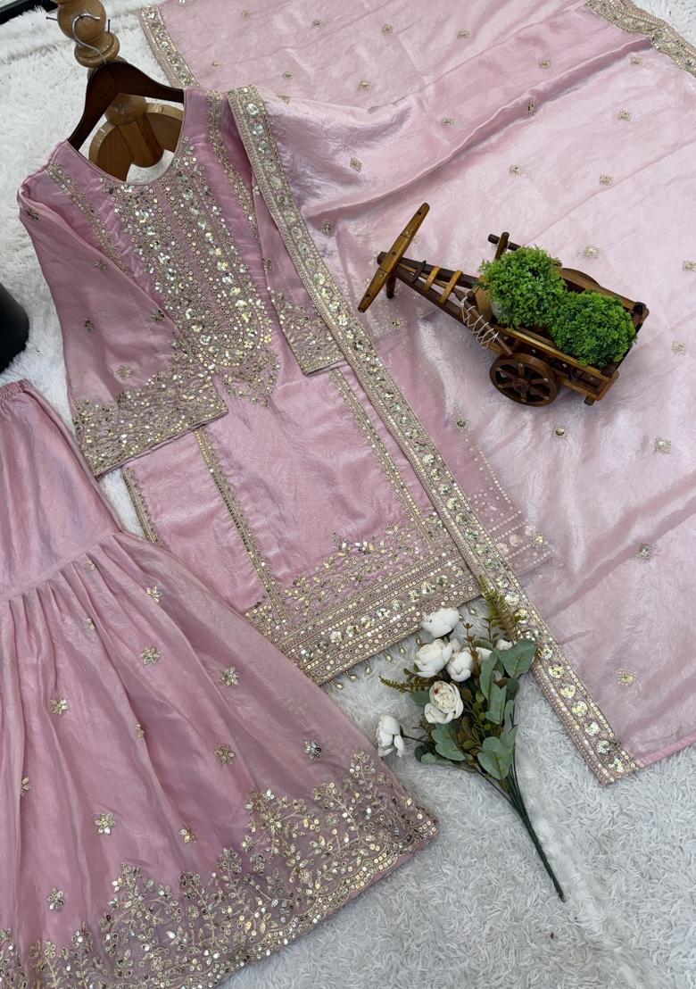 Light Pink Embroidered Silk Blend Kurta Set - Indya