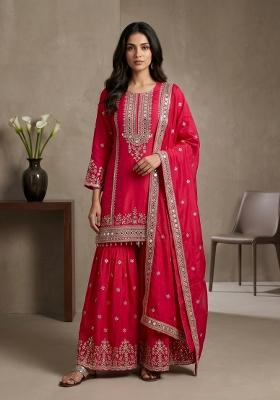 Rani Pink Embroidered Silk Blend Kurta Set