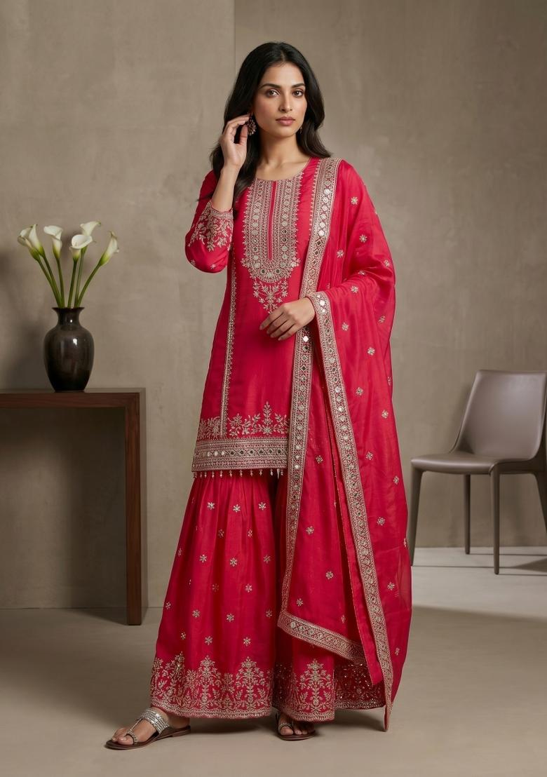 Rani Pink Embroidered Silk Blend Kurta Set - Indya